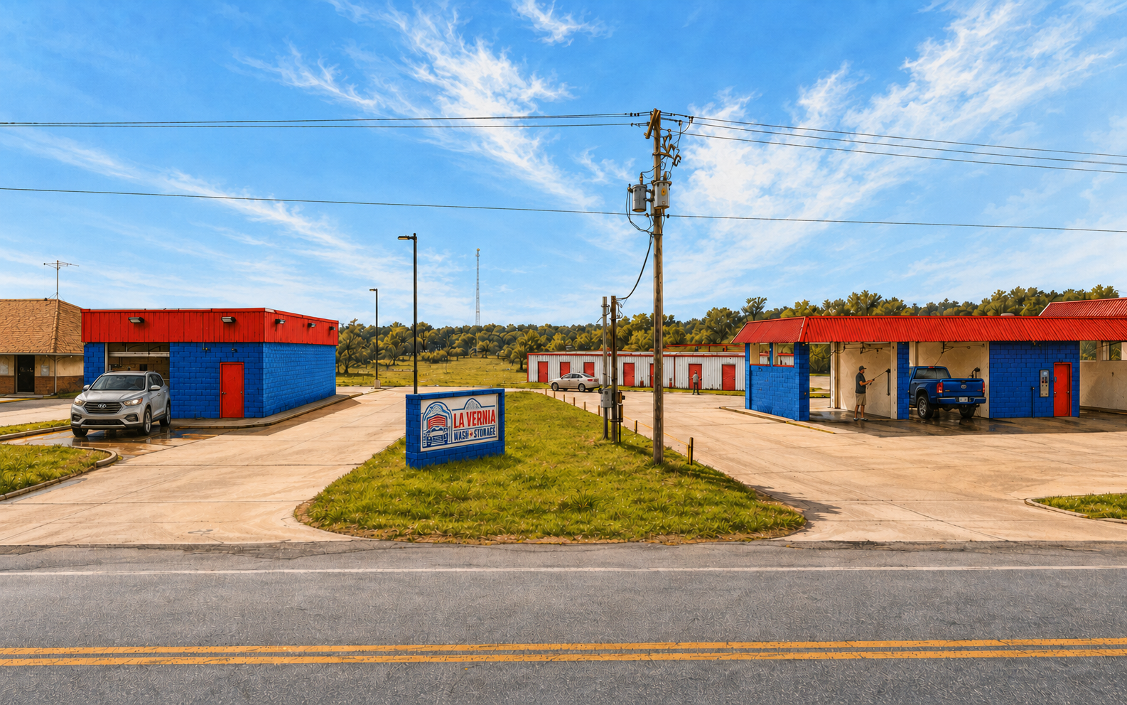 Illustrated front view of La Vernia Car Wash with customers and vehicles