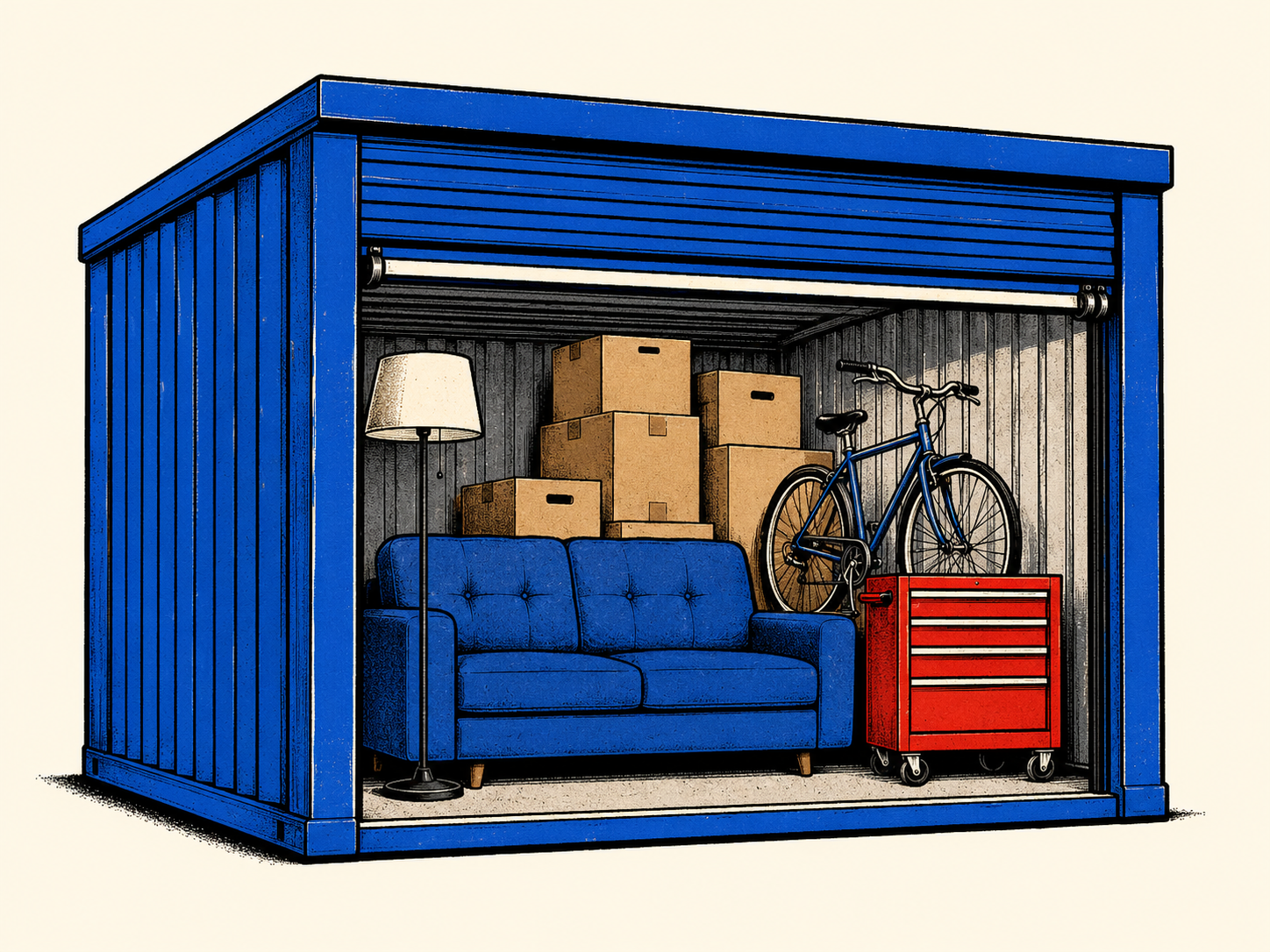 Bold illustrated storage unit filled with household items