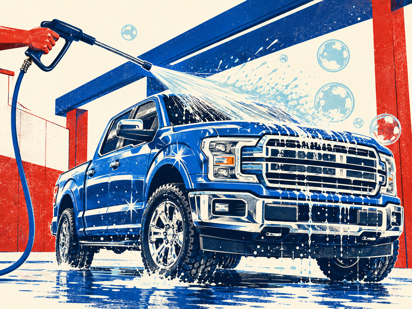 Bold illustrated pickup truck being cleaned in a self-service wash bay